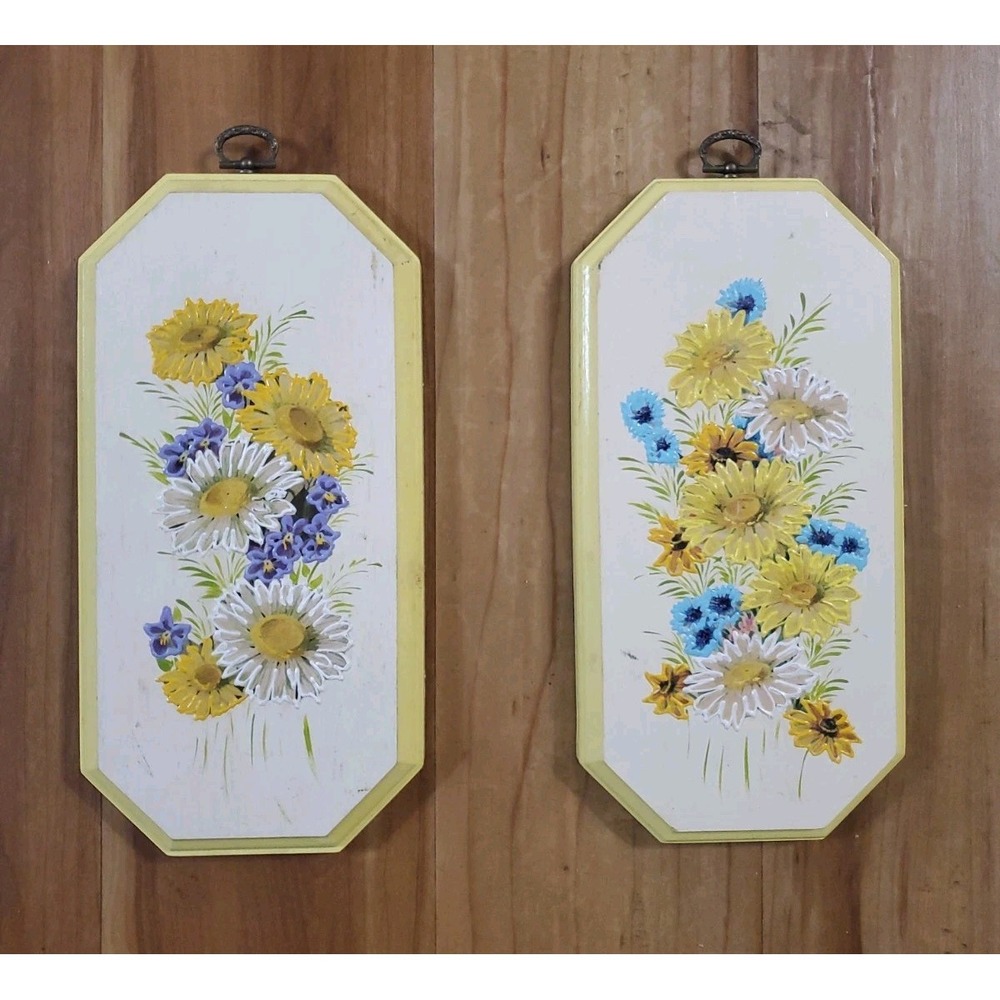 Vtg Mid Century Octagon Wood Wall Plaques Pair Yellow White Daisy Floral Prints